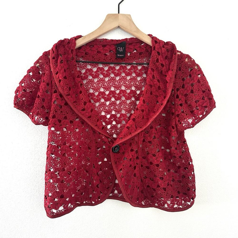 Vintage Y2K Crochet Bolero Shrug Red Buttons Collared Wrapper Indie Cottage S/M